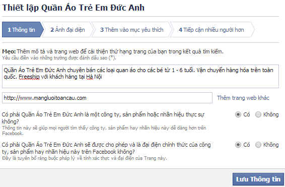 Bước 4: Thiết lập thông tin cho Fanpage