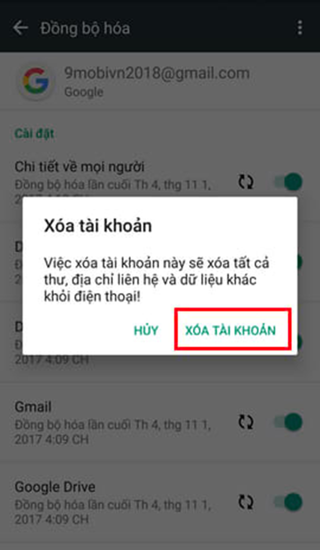 -Cách xóa tài khoản Google trên Android Bước 1: Để xóa tài khoản Google trên thiết bị Android, bạn truy cập vào Settings (Cài đặt) –>Accounts and sync (Tài khoản và đồng bộ) Bước 2: Khi giao diện tài khoản và đồng bộ hiện ra, các bạn nhấn vào mục Google và chọn tài khoản Google muốn xóa như hình dưới đây Bước 3: Tại giao diện thông tin tài khoản Google, bạn nhấn vào biểu tượng dấu 3 chấm góc trên bên phải rồi chọn Delete account (Xóa tài khoản) Bước 4: Cuối cùng nhấn Delete account (Xóa tài khoản) để xác nhận tiến trình xóa tài khoản Google trên thiết bị Android này. Cách thêm và cách xóa tài khoản Google trên Android chỉ với vài thao tác đơn giản sẽ giúp bạn tiết kiệm được thời gian thao tác trên điện thoại.