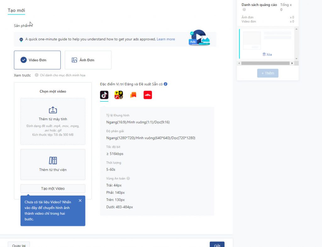 Tạo mới mẫu quảng cáo video Tiktok Ads đầu tiên