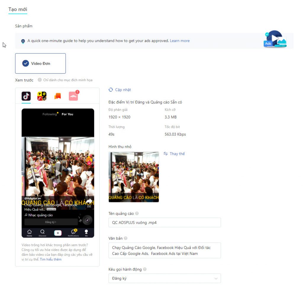 xem trước quảng cáo video Tiktok Ads đầu tiên