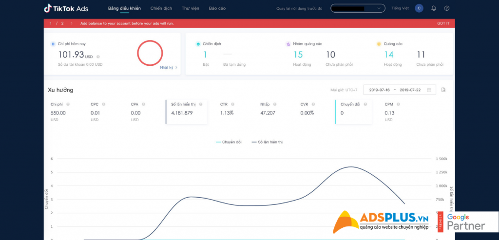 Bảng điều khiển của TikTok Ads