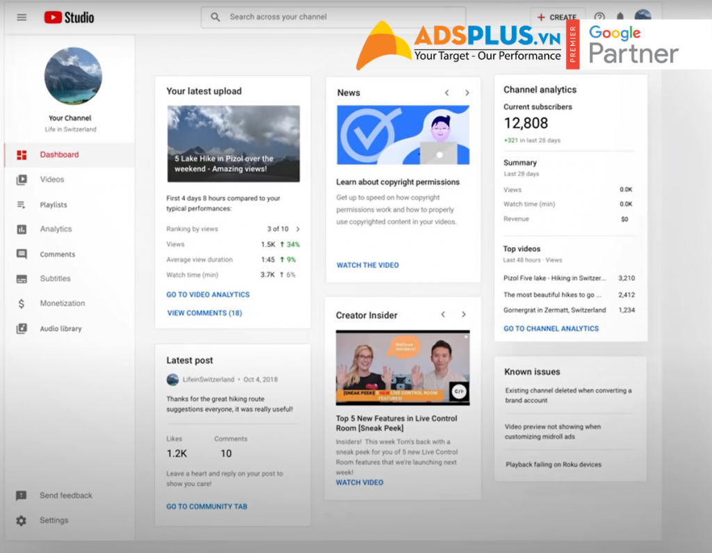 Kênh YouTube Studio mới