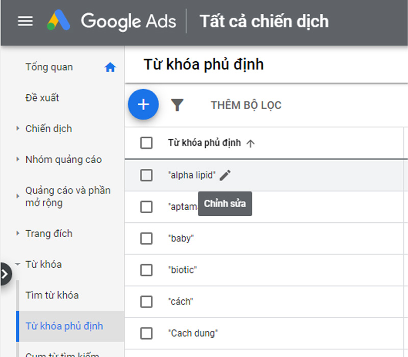 chỉnh sửa phủ định từ khóa google ads
