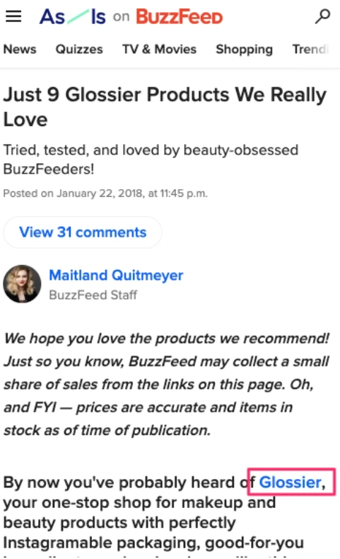 quảng cáo của glossier trên buzzfeed case study social media