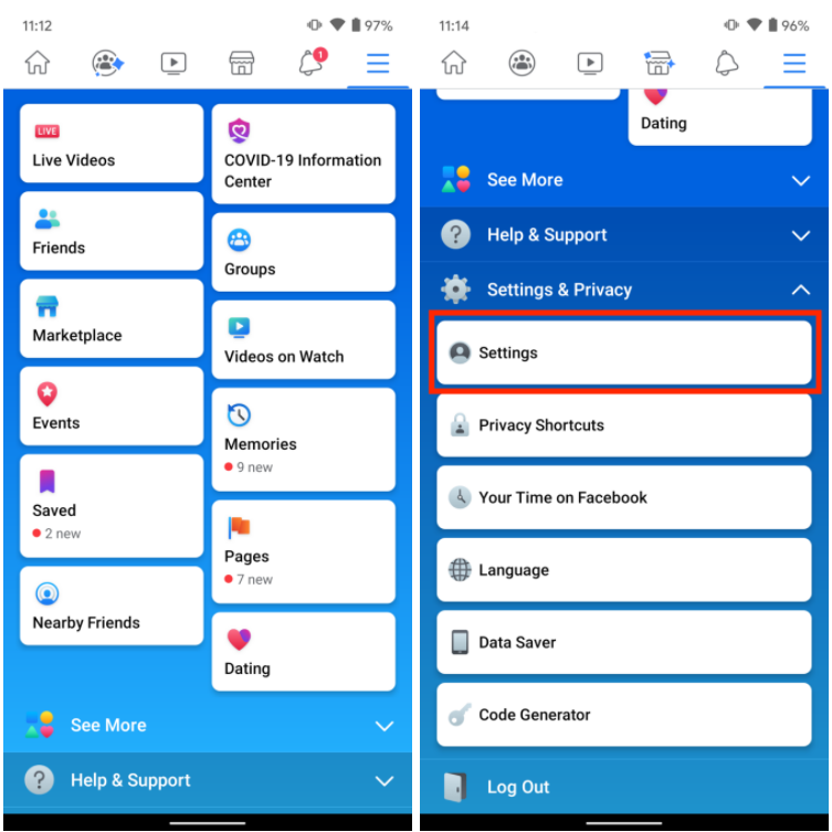 mục cài đặt trên Facebook để chuyển hình trên Google photos