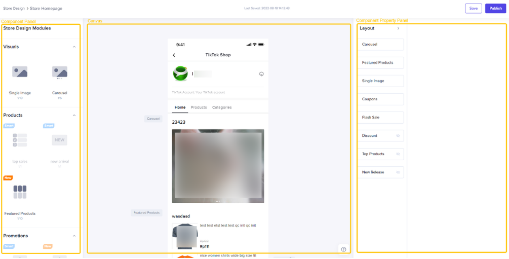 Giao diện thiết kế TikTok Shop bao gồm 3 mục 
