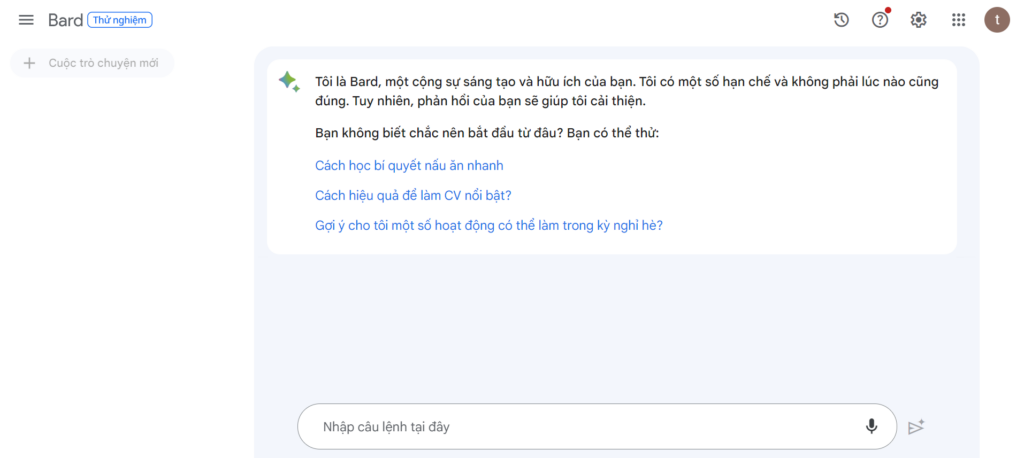 Bước 3: Bắt đầu trải nghiệm Google Bard
