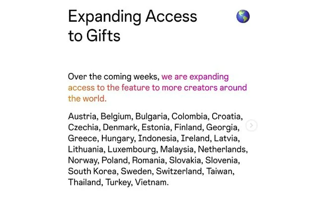 Những quốc gia Instagram Reels GIfts khả dụng.