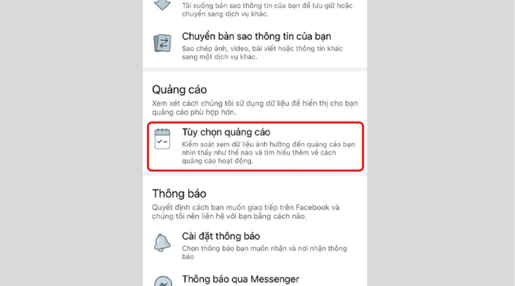 Giao diện mục Tùy chọn quảng cáo