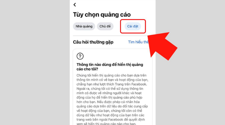 Giao diện mục Cài đặt trong Tùy chọn quảng cáo