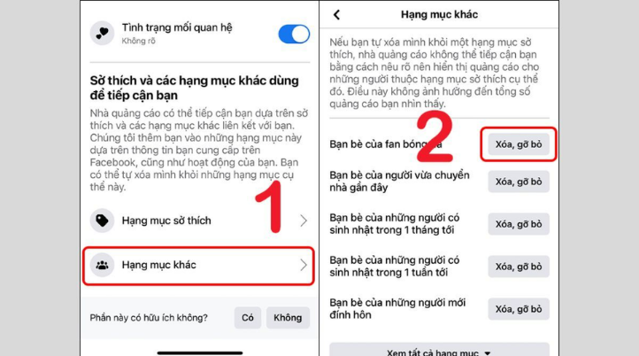 Xóa, gỡ bỏ sở thích cá nhân trong phần Hạng mục khác.