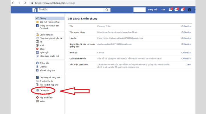 Giao diện mục Quảng cáo trên Facebook