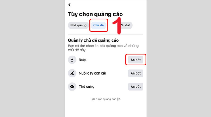 Ẩn bớt các chủ đề trong Tùy chọn quảng cáo