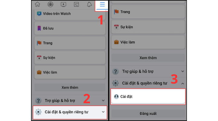Mở Facebook và chọn Cài đặt