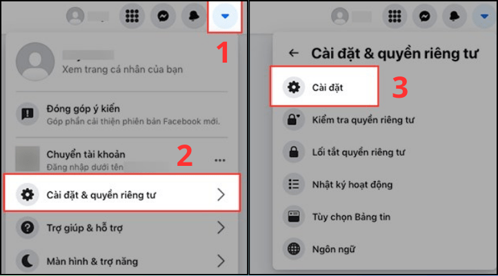 Mở Facebook và chọn Cài đặt