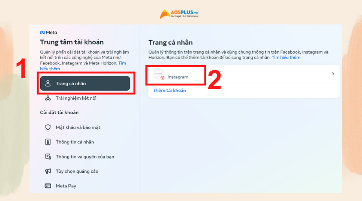 Ở bước 3 chọn Trang cá và nhấp vào Tài khoản Instagram bạn muốn đổi tên.