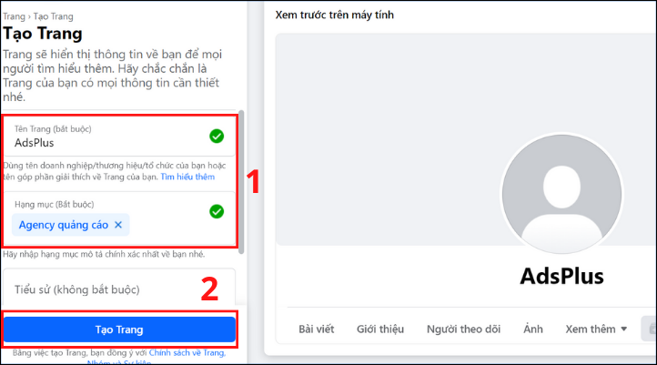 Điền thông tin đến Fanpage để thực hiện tạo trang trên Facebook