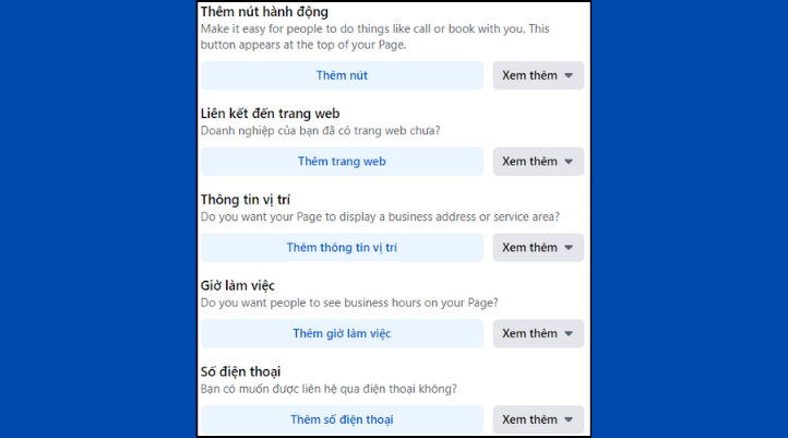 Hoàn tất các thiết lập như nút hành động, liên kết web, thông tin vị trí,... để tạo độ uy tín cho trang.