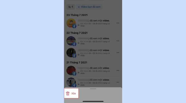 Chọn Xóa để để xóa video đã xem trên Facebook Watch bằng điện thoại