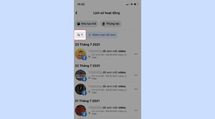 Chọn biểu tượng lọc để xoá tất cả video đã xem