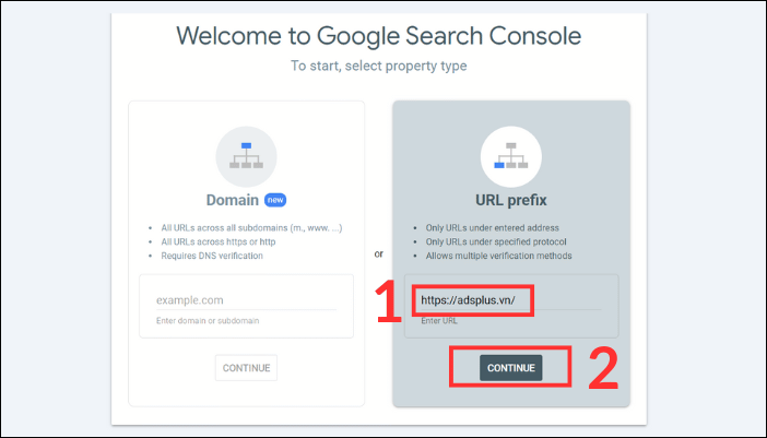 Thêm thuộc tính trang web bằng tiền tố URL để bắt đầu sử dụng Google Webmaster Tool