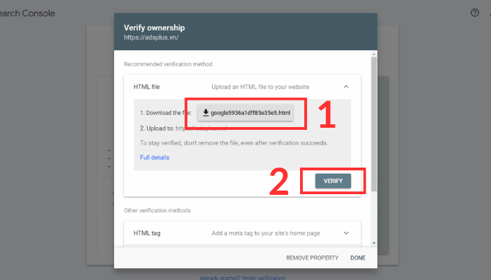 Xác minh quyền sở hữu trang web bằng tệp HTML