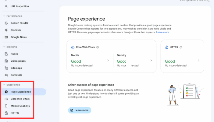 Google Search Console báo cáo trải nghiệm người dùng
