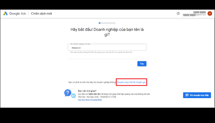 Chọn Chuyển sang chế độ chuyên gia để tạo tài khoản Google Ads cá nhân