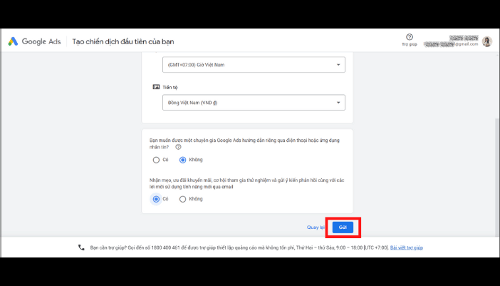 Thiết lập tài khoản Google Ads và chọn Gửi để hoàn tất tạo tài khoản