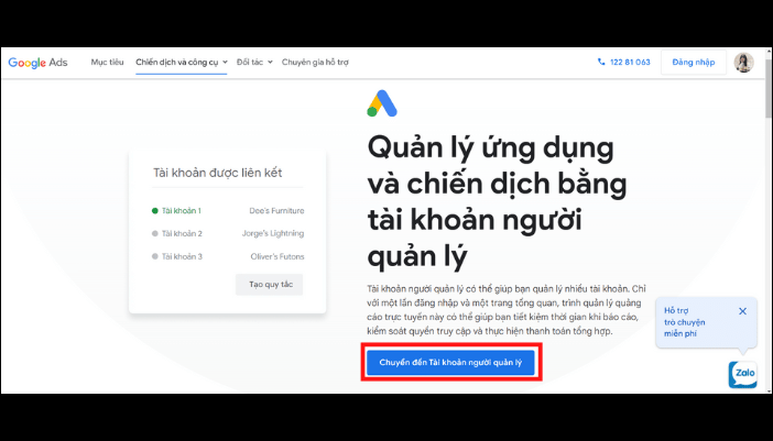 Chọn Chuyến đến Tài khoản người quản lý