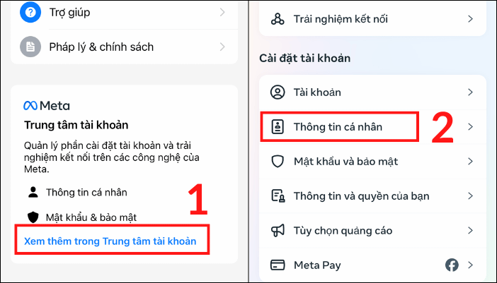 Nhấn Xem thêm trong Trung tâm tài khoản. Sau đó nhấn Thông tin cá nhân để tiếp tục vô hiệu hóa Messenger.