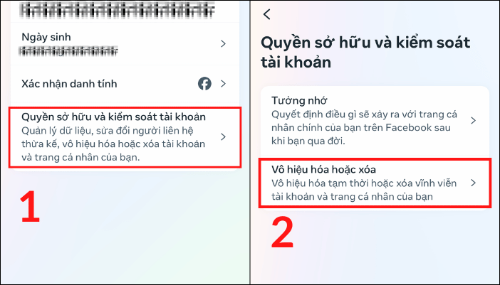 Nhấn Quyền sở hữu và kiểm soát tài khoản rồi nhấn Vô hiệu hóa hoặc xóa.