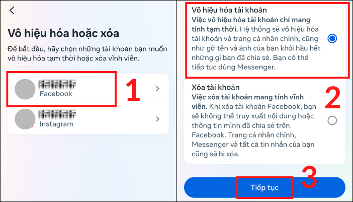 Nhấn mục Facebook. Nhấn tiếp vào Vô hiệu hóa tài khoản và nhấn Tiếp tục.