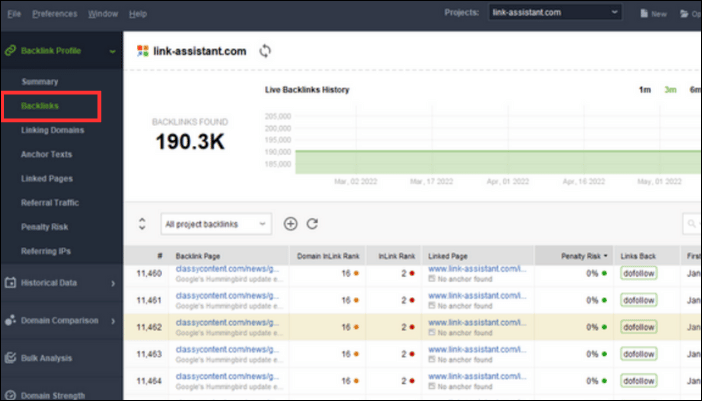 Mô-đun Backlinks sẽ kiểm tra chỉ mục và tìm backlink