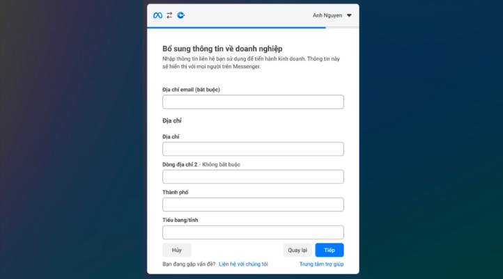 Điền thông tin của doanh nghiệp để sử dụng tính năng Shopping features on Messenger
