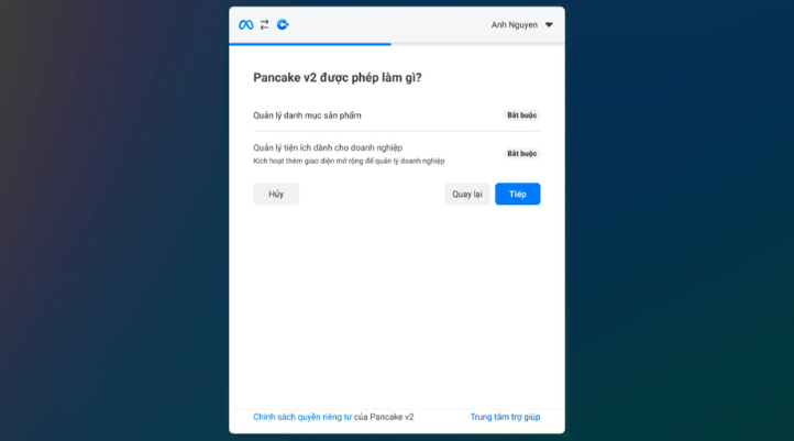 Cấp quyền cho ứng dụng Pancake truy cập vào trang của doanh nghiệp để sử dụng tính năng Shopping features on Messenger