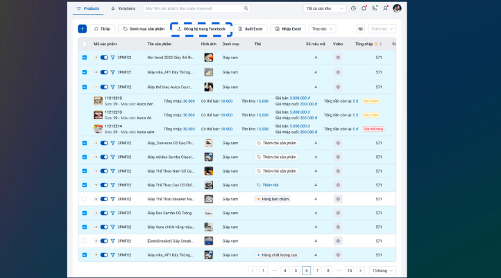 Chọn sản phẩm mà bạn muốn đồng bộ, chọn tiếp vào mục Đồng bộ trang Facebook để sử dụng tính năng Shopping features on Messenger