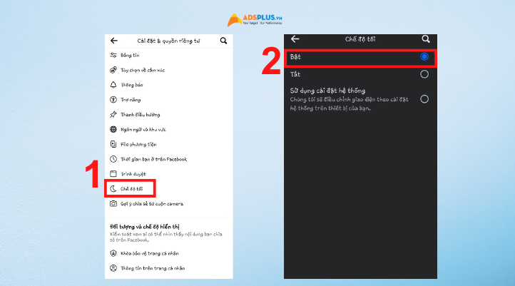 Chọn Chế độ tối và nhấn Bật là có thể bật dark mode Facebook trên điện thoại Android