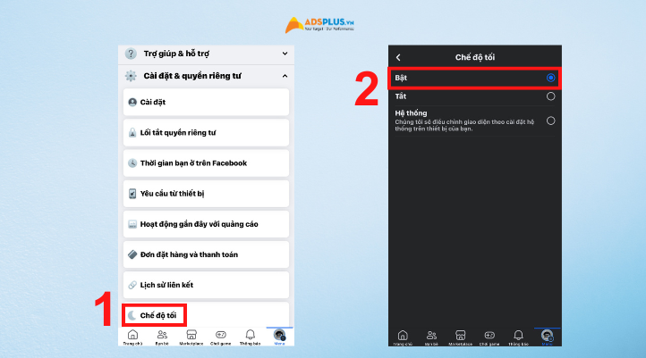 Nhấn vào mục Chế độ tối và nhấn Bật để kích hoạt bật dark mode Facebook.