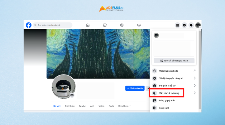 Tiếp theo chọn vào Màn hình và trợ năng để chuyển sang giao diện tối trên Facebook