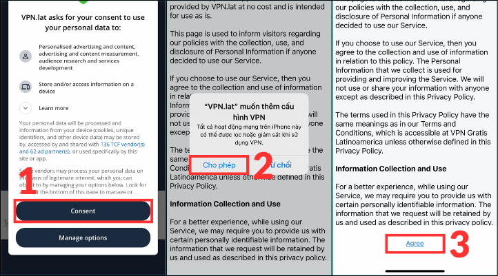 Thực hiện cách đặt tên Facebook 1 chữ trên Iphone bằng cách tải về và mở ứng dụng VPN.lat. Tiếp theo, chọn Consent. Chọn Cho phép. Sau đó, chọn Agree.