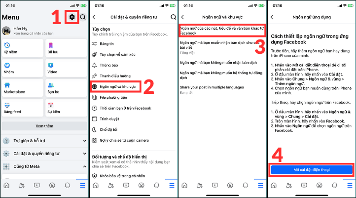 Để tiếp tục cách đặt tên Facebook 1 chữ trên Iphone, mở ứng dụng Facebook. Chọn biểu tượng 3 dấu gạch ngang và chọn biểu tượng bánh răng. Chọn Ngôn ngữ và khu vực. Sâu đó, chọn lựa chọn đầu tiên. Chọn Mở cài đặt điện thoại.