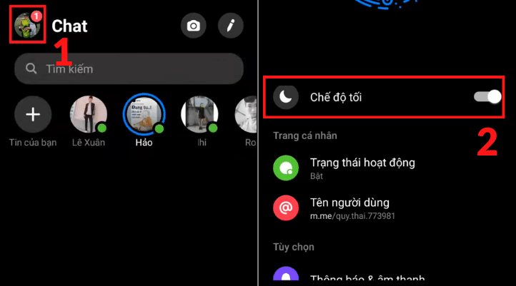 Nhấn vào Avatar ở góc trên bên trái màn hình. Ở mục Chế độ tối, nhấn bật lên.