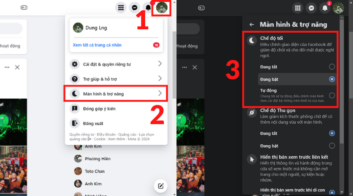Nhấp Avatar của bạn ở góc trên bên phải. Chọn Màn hình & Trợ năng. Chọn Bật trong mục Chế độ tối. Vậy là hoàn tất đổi Messenger màu đen trên máy tính.