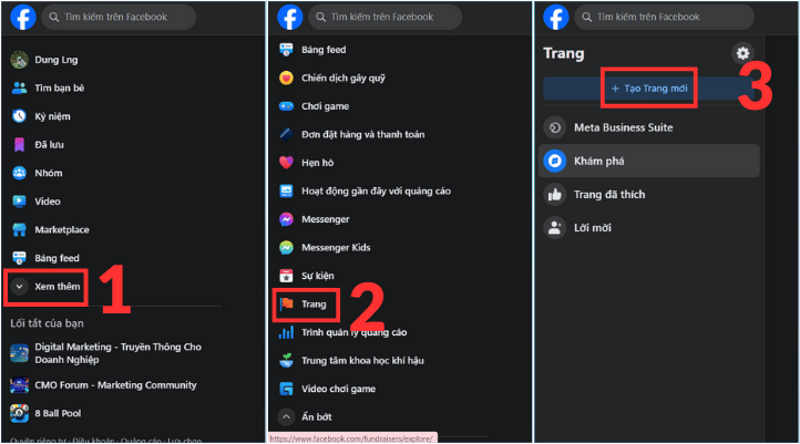 Bắt đầu với những bước đầu trong cách tạo trang bán hàng trên Facebook: Chọn Xem thêm và lướt xuống chọn Trang. Sau đó, click vào Tạo Trang mới.