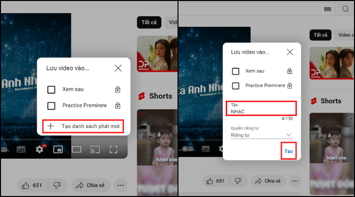 Nhập tên danh sách và nhấn Tạo