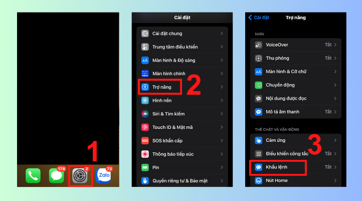 Chọn biểu tượng Cài đặt trên Iphone và chọn Trợ năng. Tiếp theo chọn Khẩu lệnh để thực hiện cách hẹn giờ chụp ảnh Trên Instagram.