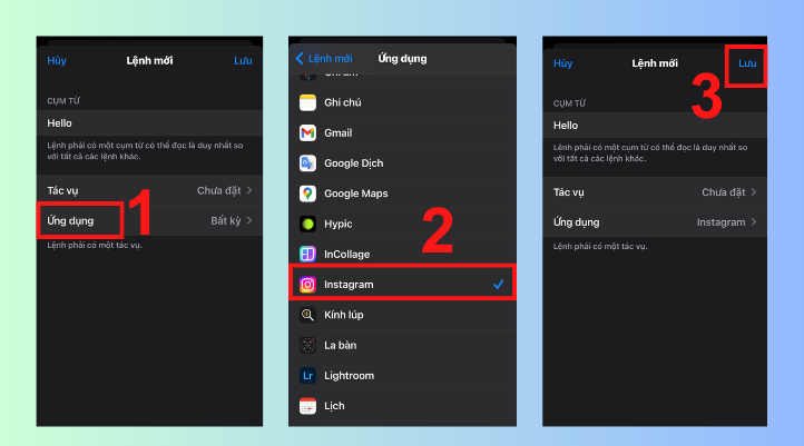 Chọn Ứng dụng và chọn Insstagram sau đó nhấn Lưu.