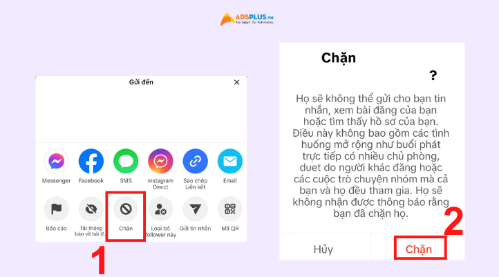 Kế đến là nhắn Chặn và xác nhận chặn tài khoản mà bạn muốn.