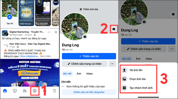 Cách đổi ảnh bìa Facebook không ai biết bắt đầu bằng truy cập Trang cá nhân và nhấn biểu tượng máy ảnh trong khung ảnh bìa. Sau đó, tải ảnh bìa lên.